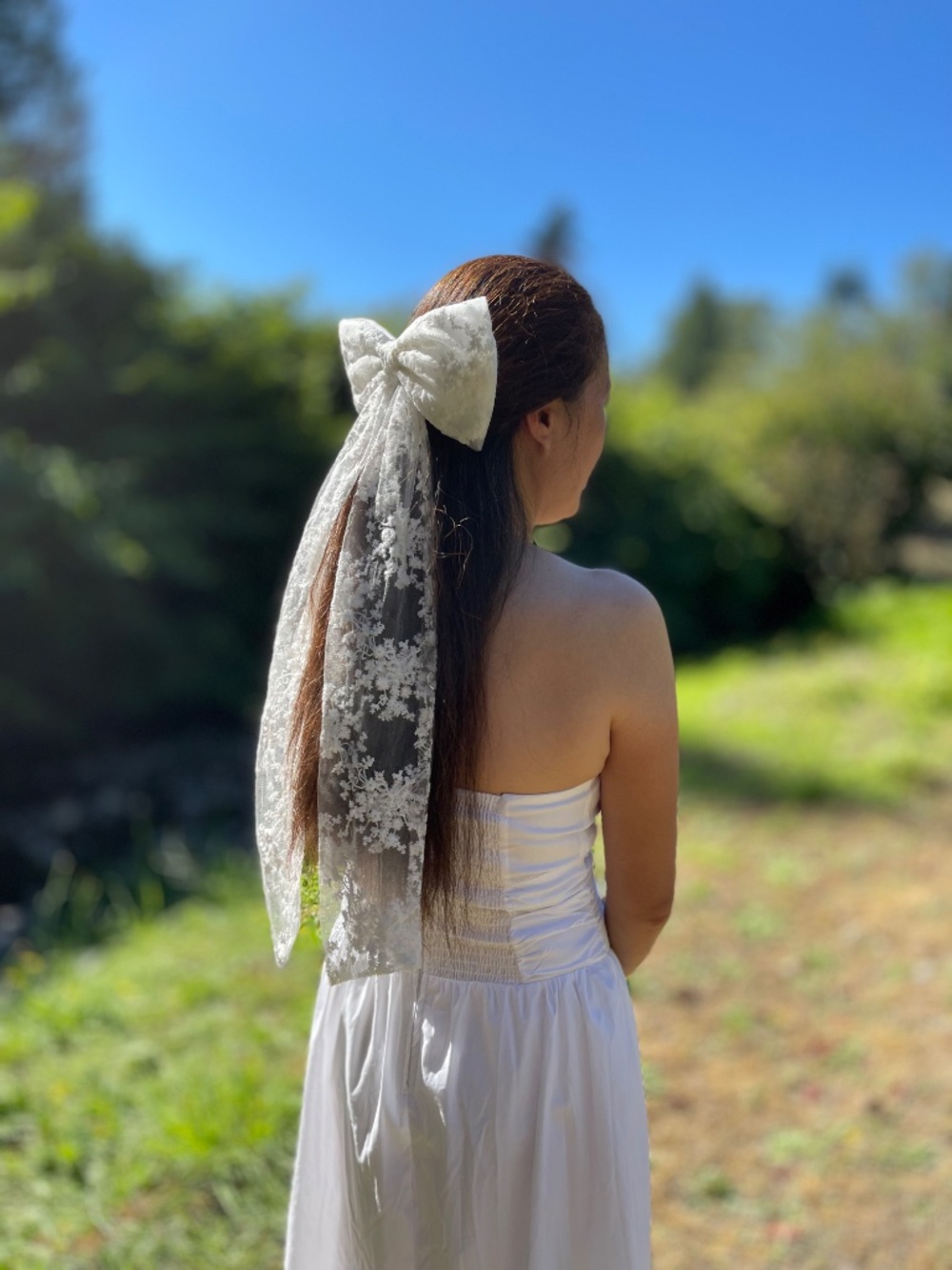 Lace Bridal Veil with Removable Organza Bow tulle embroidered Wedding Accessory - Picture 10 of 11
